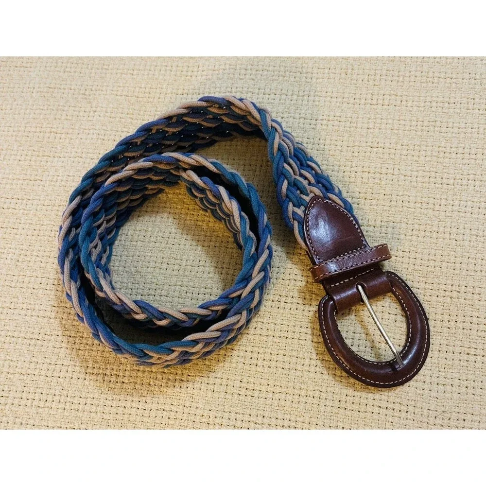 VTG LL BEAN Belt Multicolor Woven fabric leather Brass Buckle 36” L